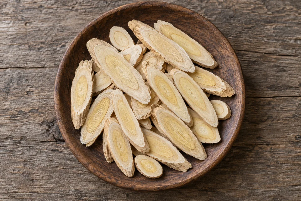 Ảnh minh họa Hoàng Kỳ dạng khô trên đĩa gỗ